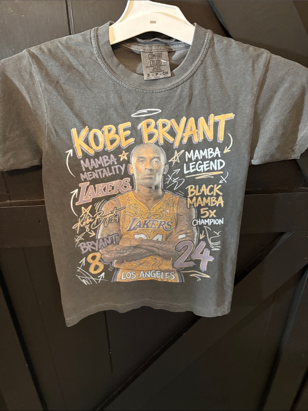 Comfort Colors Gray Kobe Bryant Graphic Tee with Yellow & Purple Print